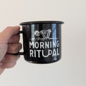 Enamel Coffee Cup Black and White Skull Mug by PYKNIC Morning Ritual